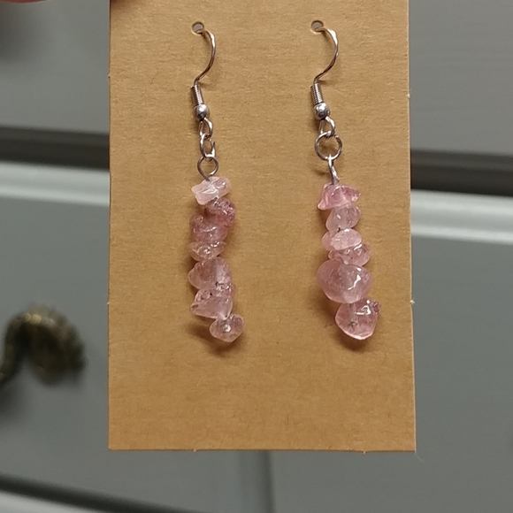 Strawberry Quartz Earrings Natural Gemstone Chip Beaded Surgical Stainless-Steel - Picture 10 of 11